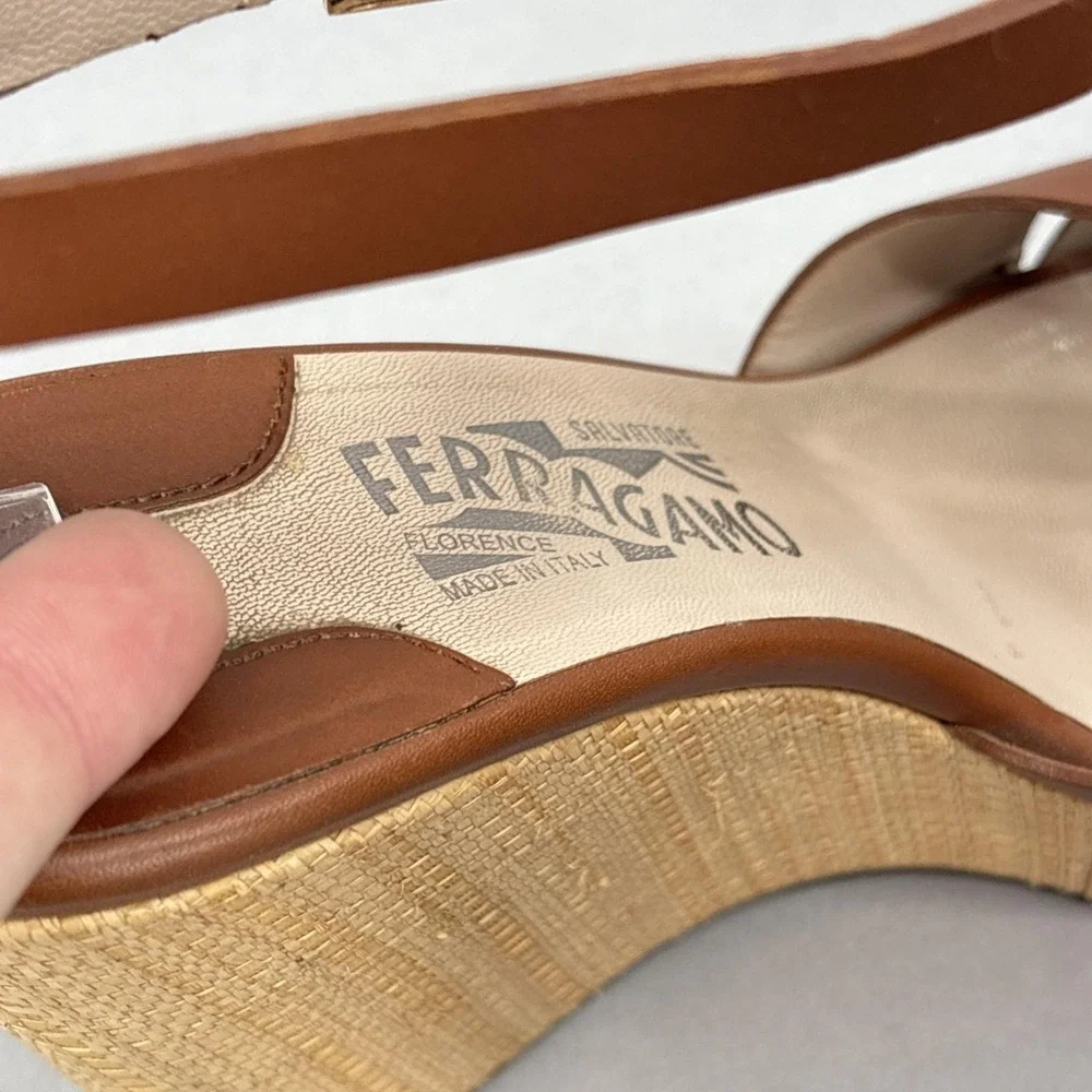 Salvatore Ferragamo Wedge Sandals Shoes Womens 8.5 Leather‎ Espadrille Italy